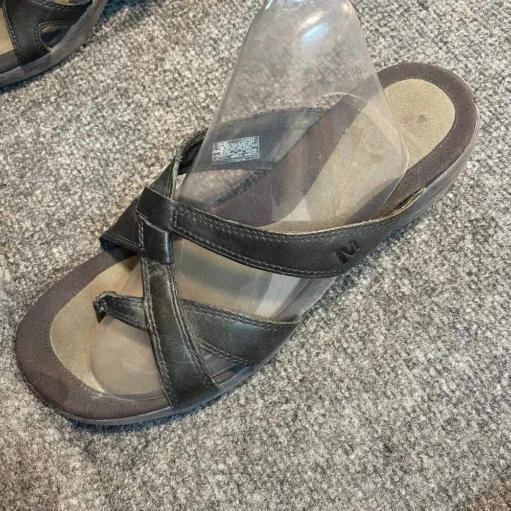 Merrell Black Leather Slide Sandals Comfort Walking Slip On Shoes Womens 8